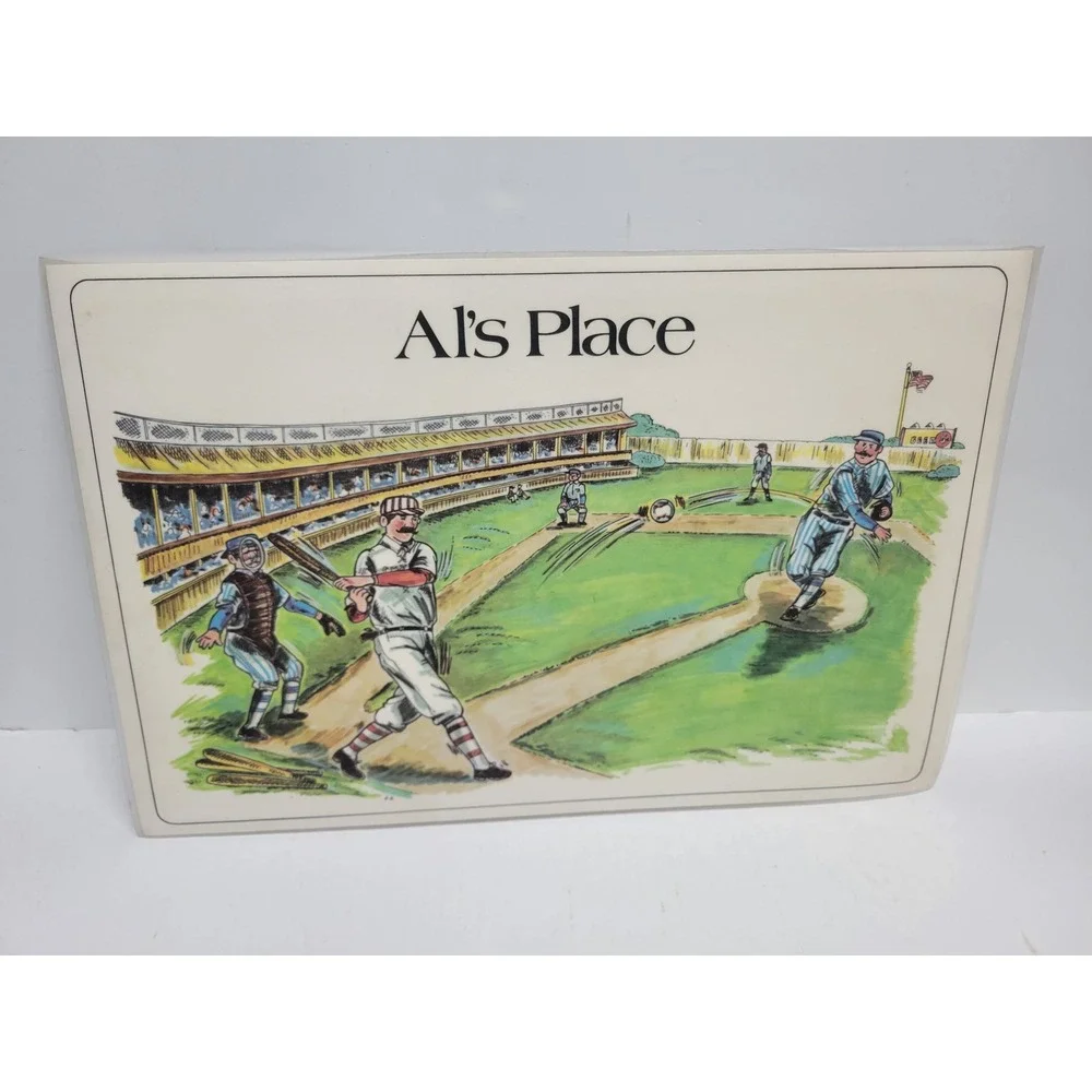Vintage 1975 Russ Berrie Al's Place Baseball Laminated Placemat Retro Sports Art